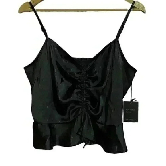 Japna Tank Women’s M Black Satin Spaghetti Strap Ruched Smocked Bodice Y2K NWT - Picture 1 of 5